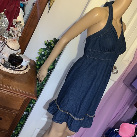 Denim jean backless halter ruffle mini dress sundress S - Picture 5 of 6